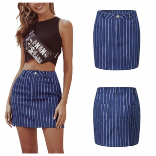 ✲Gj✲Mujer Vertical rayas Mini falda Denim, adelgazar una línea de cintura alta vestido corto para ropa de verano