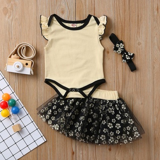Newborn Infant Baby Girls Fly Sleeve Romper +Floral Sequin Tulle Skirts Set ♥sjaded♥