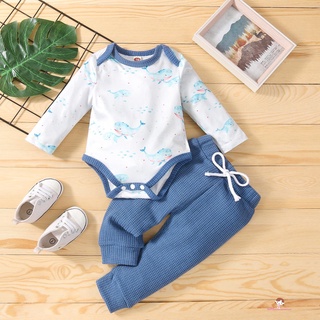 Xzq7-unisex conjunto de ropa de bebé, impresión de ballena de manga larga O-cuello mameluco+pantalones con cordón de Color sólido