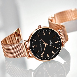 Fashionshirley_ultra delgado reloj de pulsera de cuarzo de oro rosa de acero inoxidable para mujer