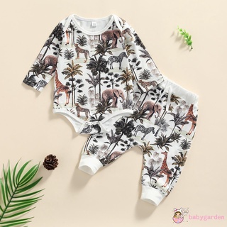 Babygarden-Baby boy ropa de animales frescos del bosque impreso de manga larga mameluco y pantalones largos conjunto