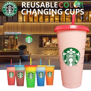 Vaso Starbucks reutilizable con paja que cambia de Color tazas frías Starbuck taza de plástico vaso con tapa taza de plástico 24 oz primavera colección INTROEARS