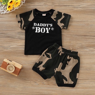 dialand _Infant Baby Boy Kid letra camuflaje impreso Tops camiseta+pantalones cortos conjunto