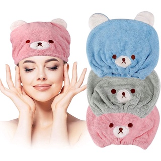 bolevice niñas toalla sombrero niños gorro de ducha pelo seco gorra después de ducha lindo super absorbente oso en forma de pelo secado suave turbante envoltura (7)