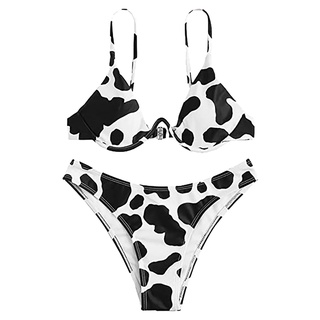 Neiyiya❀ Women's Sexy High Breast Contrast Cow Print Tube Top Split Bikini Set Swimsuit SHEIN (3)