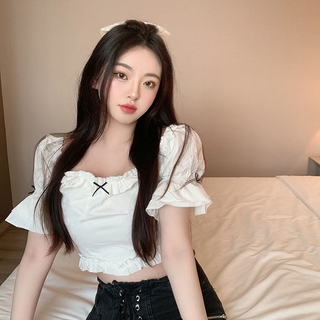Verano coreano cuello cuadrado corto blanco Top de las mujeres Puff manga de gasa corta camisa Crop Top