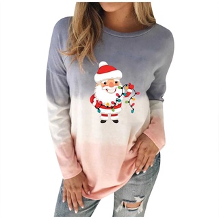 ✨ FuhuangYa 🌫️ Women Fashion O-neck Christmas Long Sleeves Tops Blouse Gradient Sweatshirt