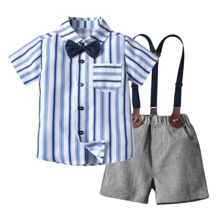 Toddler Baby Boy Gentleman Bow Tie Striped T-Shirt Tops+Suspender Shorts Outfits