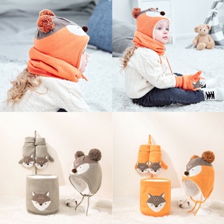 R-r otoño invierno bebé de punto sombreros guante bufanda Unisex de dibujos animados caliente traje para bebé
