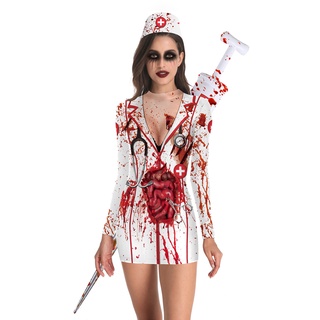 Halloween party horror costume bloody nurse zombie dress cosplay sexy round neck long sleeve hip skirt