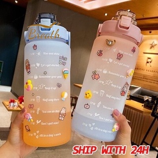 2l de gran capacidad degradado color botella de agua de grado alimenticio PP plástico grande botella de agua con paja