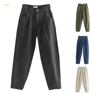 Pantalones De mezclilla yow De Cintura Alta plisada para mujer Cropped Jeans Haren con bolsillos