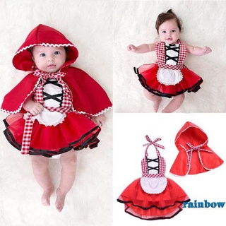 Rainbow-baby Girl Halter vestido a cuadros, capa roja pequeña caperucita roja trajes, 2Pcs fiesta Cosplay disfraz
