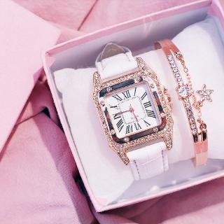 2PCS Reloj para mujer con correa de cuero / reloj de cuarzo con esfera cuadrada / reloj retro para mujer con diamantes