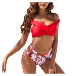 *DMGO*=New Swimsuit V-shape Sexy Solid Color Plant Print High Waist Split Bikini Set (3)