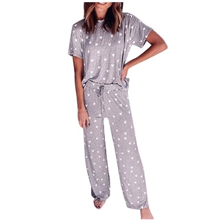 mujeres impreso ropa de dormir cuello redondo manga corta tops con pantalones largos pijama conjunto (3)