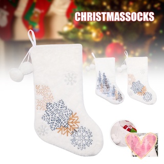 Nova blanco bolsa de calcetín de navidad con patrón de bordado de copo de nieve para almacenar artículos de navidad y decoración de mesa