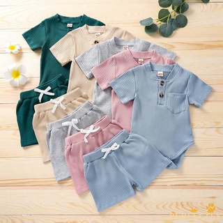 Pft7-Unisex bebé verano trajes conjunto, Color sólido manga corta mameluco + cintura elástica pantalones cortos para niños pequeños, 0-18 meses