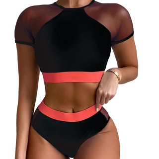 BEF Women Sexy 2pcs Color Block Bikini Set Contrast Mesh Short Sleeve Beach Swimsuit (2)