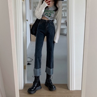 Suelto recto pierna enrollada jeans mujeres primavera 2021 nuevo pequeño grande cintura alta ancho pantalones de pierna