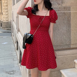 Bonita mujer manga corta cuello cuadrado cintura alta rojo una línea Mini vestido
