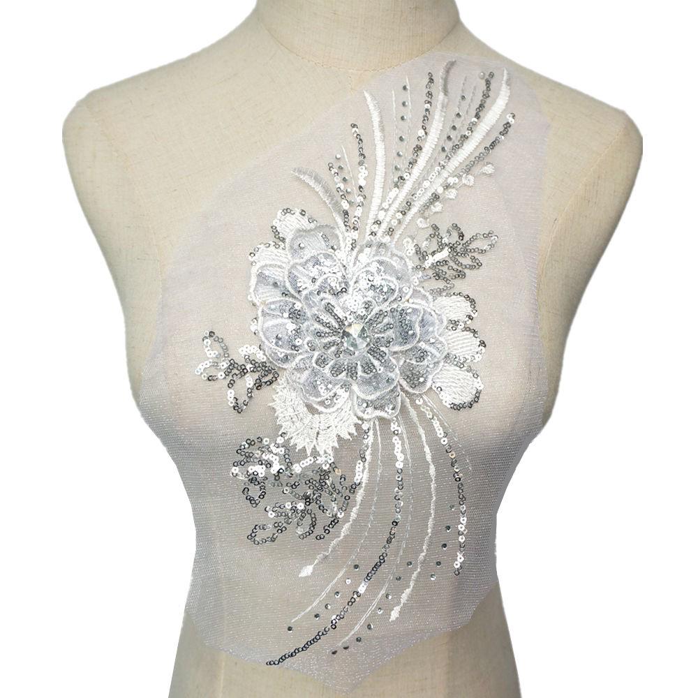 blanco bordado lentejuelas flor tela de encaje apliques cuello de costura parche vestido de novia diy artesanía