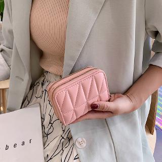 Titular de la tarjeta de cuero de la Pu corto cremallera cartera para las mujeres de crédito cuadros minimalistas bolsos rosa