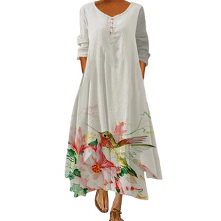 vestido de impresión floral casual vintage suelto señora vestido largo para playa (8)