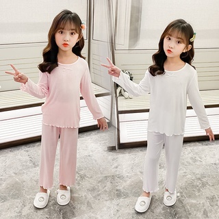 Children's Long-Sleeved Pajamas Girls' Autumn Clothes New Long-Sleeved round Neck Homewear Western Style Wooden Ear Modal Home Wear