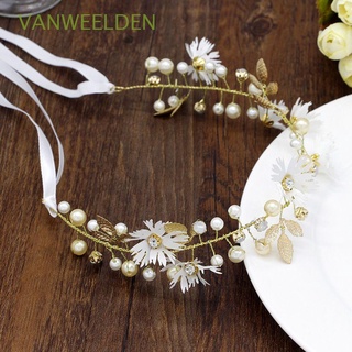 vanweelden - diadema de hoja de oro con guirnaldas de perlas para novia, cinta de boda, margarita, flores, multicolor