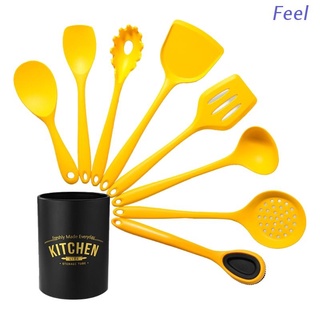 Feel - juego de 8 utensilios de cocina de silicona con soporte, antiadherente, espátula ranurada, escurridor, cepillo de cocina, utensilios de cocina, herramientas de hornear