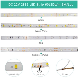 Adiodo LED tira de luz 5 metros/rollo RGB Flexible 2835 Color único impermeable 60LEDs/M Bande diodo cinta solo tira (5)