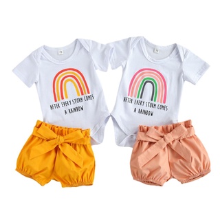 Cytx-Baby Girls conjunto de ropa, arco iris impresión de manga corta O-cuello mono+Color sólido pantalones cortos