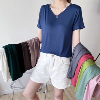 Verano nuevo Modal V-cuello de manga corta camiseta Casual de las mujeres Top suelto Simple fondo camisa (1)