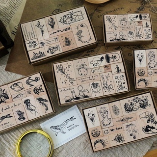 12 unids/set diy sellos retro hecho a mano ecológico de madera sello de goma conjunto para arte artesanal