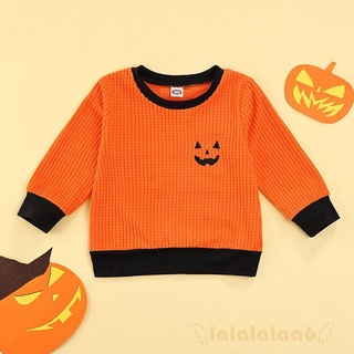 Laa6-niño Halloween Casual bloque de Color sonriente cara calabaza impresión manga larga cuello redondo jersey