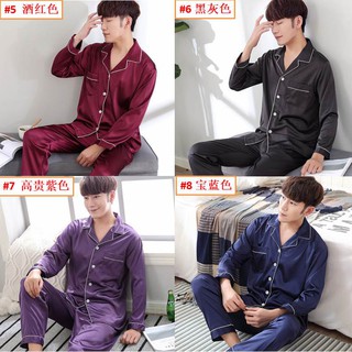 Satén de manga larga de seda pijamas de los hombres pijamas ropa de dormir Baju Tidur Sutera Ais seda delgada Cardigan pijamas
