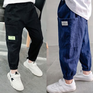 Pantalones de niño de algodón y lino sección delgada 2021 mosquito pantalones estilo guapo suelto casual pantalones para pequeños, medianos y grandes