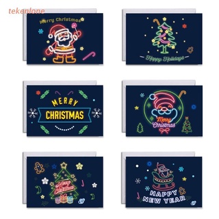 teke 6 unids/set tarjetas de felicitación de navidad con sobres pegatinas neón feliz navidad santa árbol diseños vacaciones postales