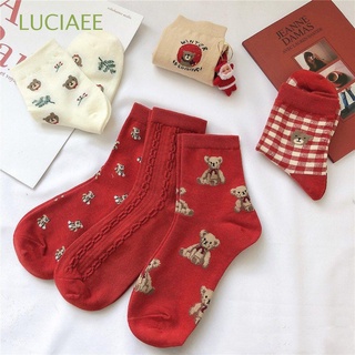 luciaee 1 par de calcetines de oso rojo de las mujeres de las niñas de algodón medias de navidad lindo tobillo calcetines de dibujos animados calcetines cortos otoño invierno