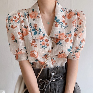 Burbuja manga cuello Floral camisa superior de las mujeres sentido de diseño verano estilo extranjero edad reducción de solapa Chic individual