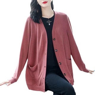 L-5xl algodón de las mujeres Cardigan cuello V manga larga sólida moda Cardigan abrigo más el tamaño suelto delgado Casual prendas de abrigo (1)