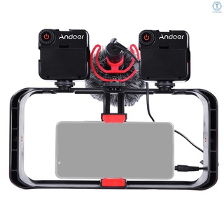 T Andoer Smartphone Video Rig Kit incluye jaula para Smartphone con 3 soportes de zapata fría + 2 luces de Video LED Mini + micrófono con pantalla de viento para grabación de vídeo Vlog transmisión en vivo