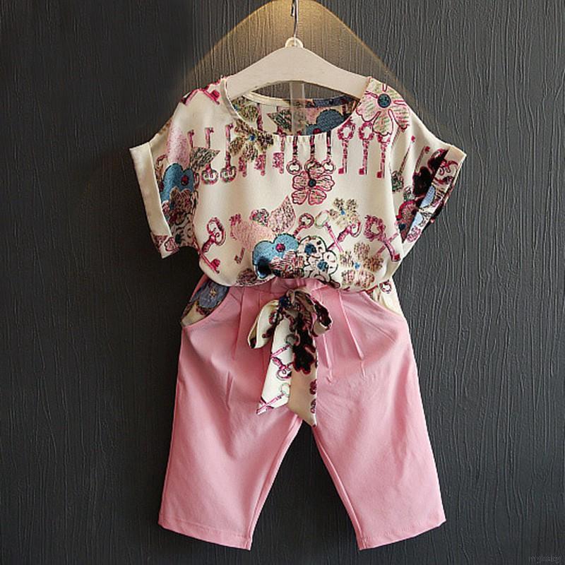 MyBaby 2PCS bebé niños niña manga corta Floral camisa+pantalones cortos conjunto de ropa