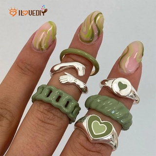 [7Pcs Set Women Fashion Vintage Love Heart Drop Oil Acrylic Rings] [ Elegant Ladies Smooth Fine Thin Finger Ring] [Lovely Jewelry Gifts For Girl Friends]