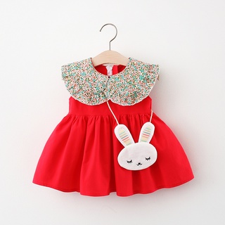 2021 spot niñas vestido de verano ropa de los niños nuevo floral solapa chaleco falda adecuada para niñas de 9 meses a 3 años de edad para enviar la misma bolsa de conejo
