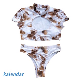 KALEN Womens Sexy Two Piece Bikini Set Tie-Dye Hollow Out Short Sleeve Cheongsam Collar Crop Top Swimsuit High Cut Bottom Bathing Suit