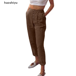 Haoshiyu pantalones De Cintura Alta De algodón y lino con botones