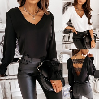 [EXQUIS]Women's Casual Fashion V-neck Back Splicing Lace Flared Long-sleeved Tops