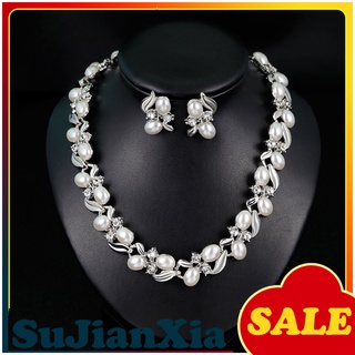 sujianxia fashion rhinestone imitación perla collar pendientes mujeres novia boda conjunto de joyería